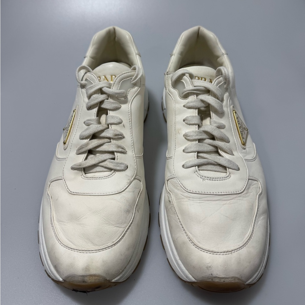 Prada Triangle-Logo Leather Sneakers White Gold Men’s Size 10 - Picture 2 of 9